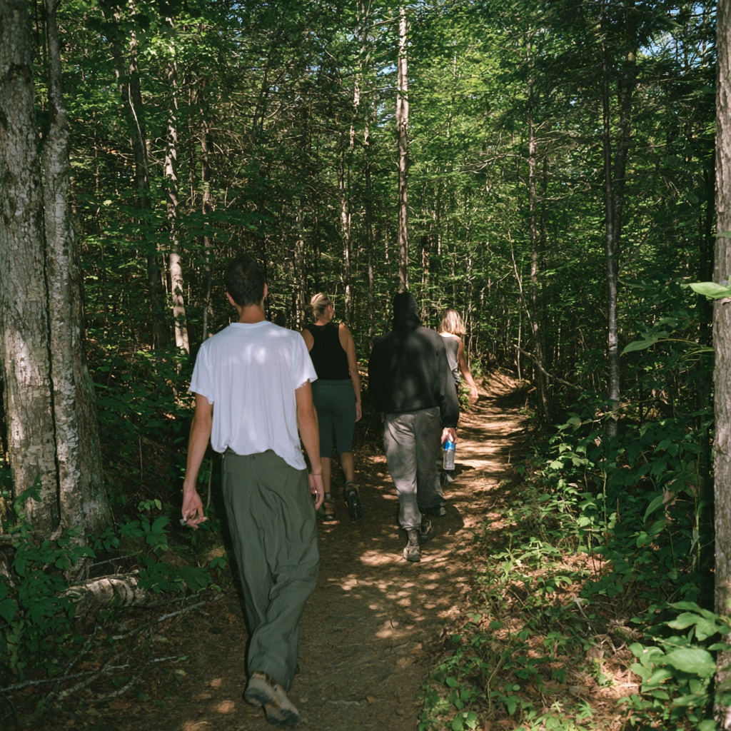Des amis marchent un sentier en forêt québécoise en début d'automne
